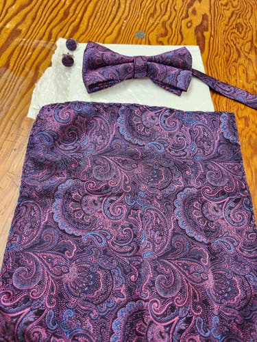 Customer photo review of Purple RoyalBlue Paisley Pre-tied Bow Tie Hanky Cufflinks Set
