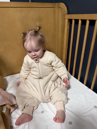 Customer photo review of Organic Cotton & Camel Wool Warm Long Sleeve Sleep Sack With Feet 2.5 TOG - Cream