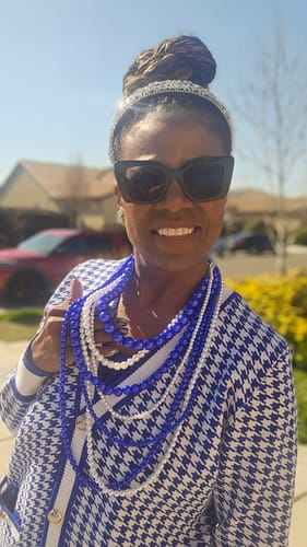 Customer photo review of ZPB Sorority Blue White Pearl Long 7 Row Necklace