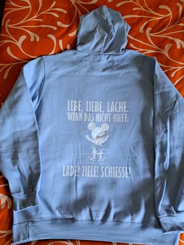 Customer photo review of LEBE, LIEBE, LACHE Rückendruck Unisex Hoodie