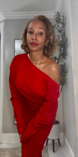 Customer photo review of Knit Off-Shoulder Sweater Maxi Dress