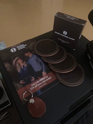 Customer photo review of Premium Round Leather Coasters - Set of 4