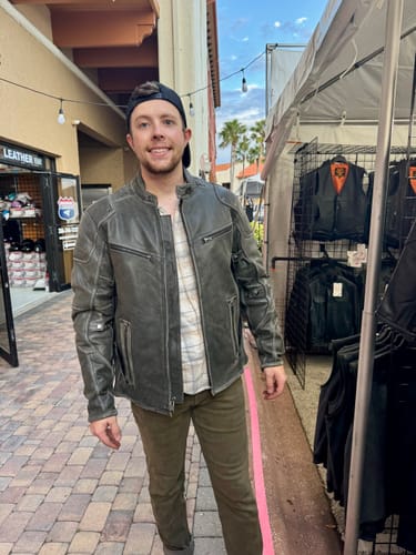 Customer photo review of Grey MLM1536 Mens Vintage Distressed Grey Leather Scooter Style Motorcycle Jacket - Reflective Piping