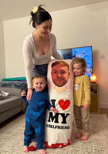 Customer photo review of I Love My Girlfriend Cuddle Buddy Body Pillow
