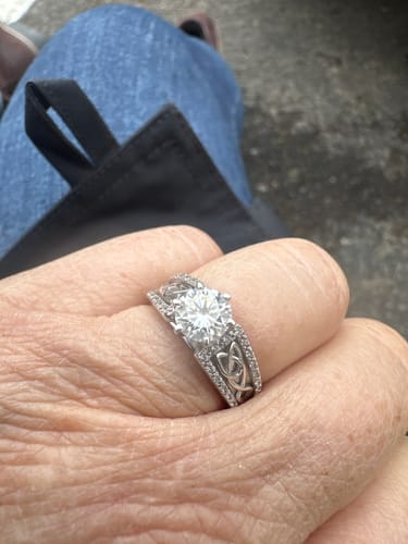Customer photo review of Cathedral Celtic Moissanite Wide Band Engagement Ring