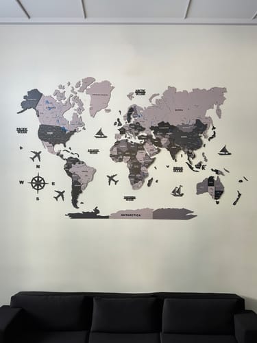Customer photo review of 3D Black and Grey Wooden World Map for wall