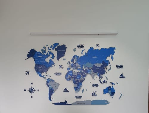 Customer photo review of 3D Tory Blue Wooden World Map for wall