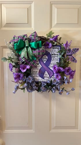 Customer photo review of Wreath Sign, Pancreatic Cancer Awareness Sign, Fibro, 8x10" Metal Sign DECOE-911, Sign For Wreath, DecoExchange