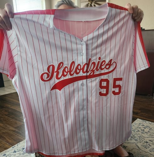 Customer photo review of Custom White Red Pinstripe Personalized Two-Tone Authentic Baseball Jersey