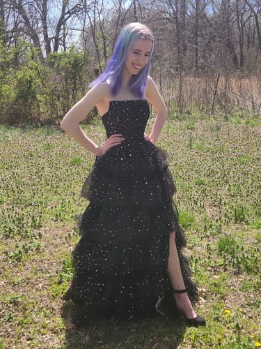 Customer photo review of Strapless Corset Tulle Tiered Dress with Slit