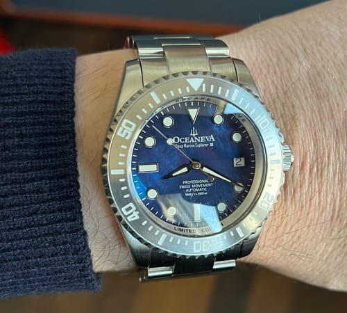 Customer photo review of Oceaneva Men's Deep Marine Explorer III 3000M Pro Diver Watch Navy Mother Of Pearl Dial