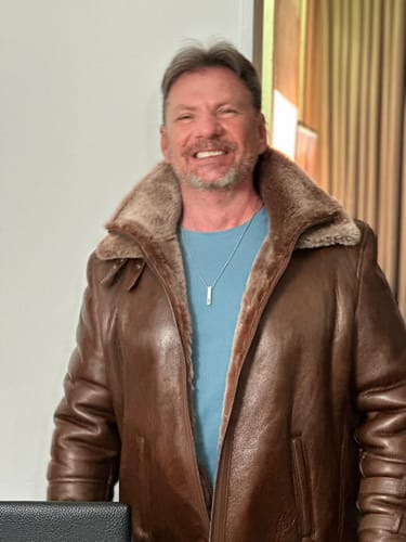 Customer photo review of Phan's Brown Aviator bomber shearling jacket with a waist belt