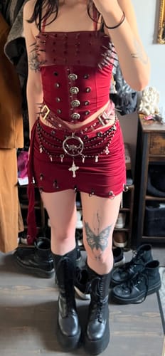 Customer photo review of 3 piece mini skirt set:Long flared sleeve PU leather rivet metal chain shrug 3 piece mini skirt set