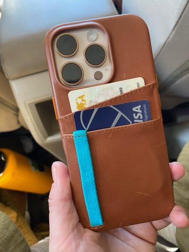 Customer photo review of Leather iPhone 16 Pro Card Holder Case - Saddle Tan