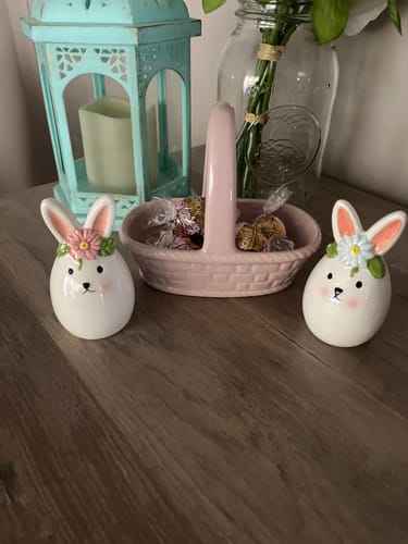 Customer photo review of White Egg Bunnies with Pink Basket Ceramic Salt and Pepper Shaker Set