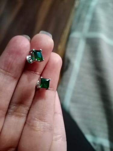 Customer photo review of Silver Emerald Green Square Stud Earrings