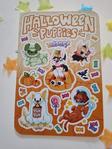 Customer photo review of Halloween Puppies Sticker Sheet!