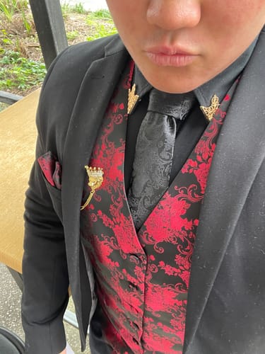 Customer photo review of Barry Wang Black Red Flower Silk Vest Necktie Pocket Square Cufflinks Set