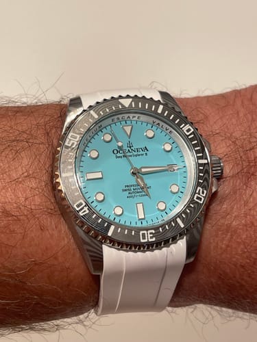 Customer photo review of Oceaneva Mens Deep Marine Explorer II Damascus Steel Watch Sky Blue Dial White Rubber