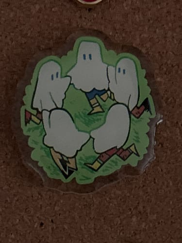 Customer photo review of Forest Ghost Circle Acrylic Pin 1.5"