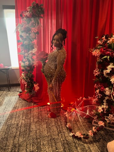 Customer photo review of Emiliana Rhinestone Pearl Maxi Dress - Brown