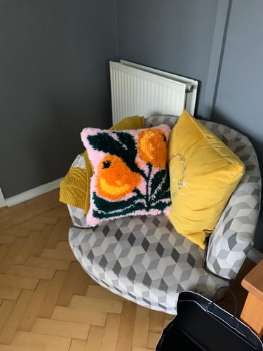 Customer photo review of A Bounty of Oranges Latch Hook Cushion Kit