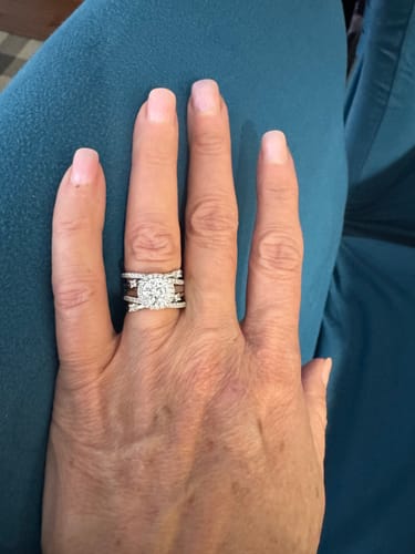 Customer photo review of Halo Moissanite With Enhancer Cross Shank Bridal Engagement Ring Set