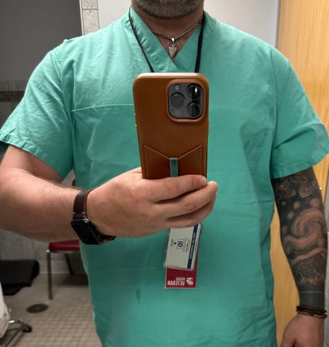 Customer photo review of Leather iPhone 14 Pro Max Wallet Case - Saddle Tan