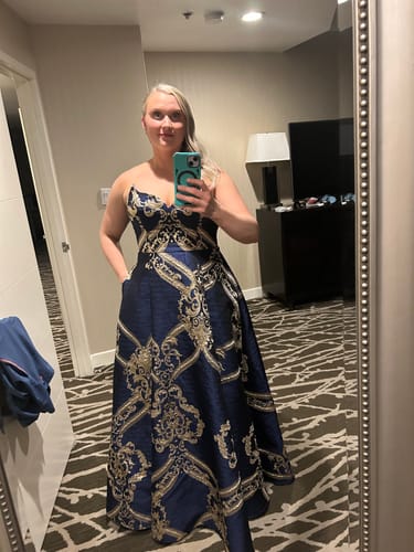 Customer photo review of Edwina Jacquard Gown by Bariano - RENTAL