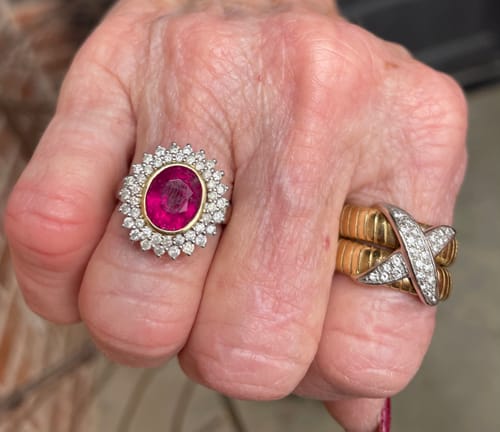 Customer photo review of Vintage 14k White & Yellow Gold 3ct Tourmaline .528cttw Diamond Double Halo Ring