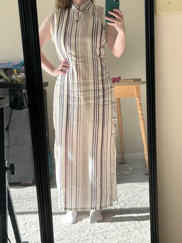 Customer photo review of Xiao Lu 小路 Back Roads Republic of China Striped Cotton Sleeveless Qipao