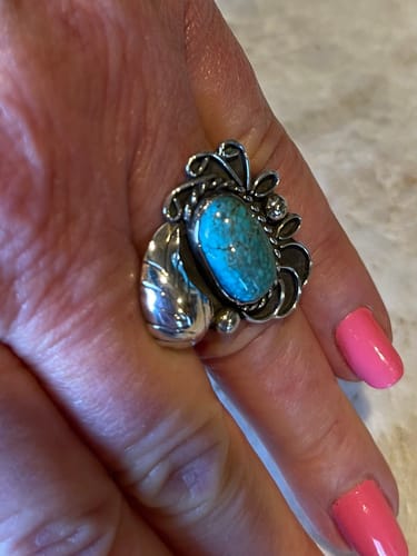 Customer photo review of Vintage Native American Silver Oval Turquoise Decorated Ring Size 7 For Women