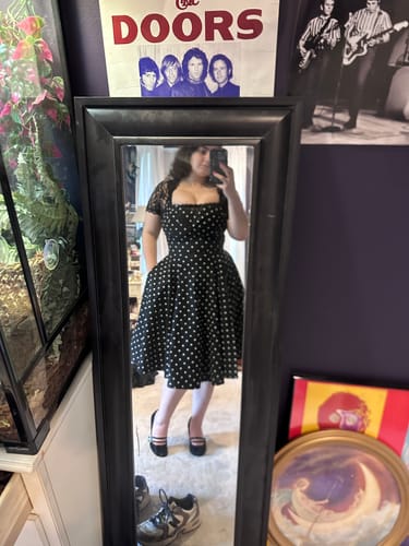 Customer photo review of NEW FIT - Maneater Swing Dress in Black Polka Dot - Vixen by Micheline Pitt