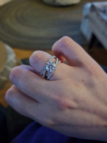 Customer photo review of Triple Row Criss-Cross Moissanite Pave Engagement Ring