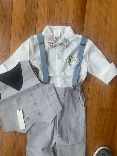 Customer photo review of Wonderland Garden Bow Tie & Dusty Blue Suspenders Set