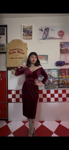 Customer photo review of Starlet Wiggle Dress in Burgundy Velvet - Vixen by Micheline Pitt