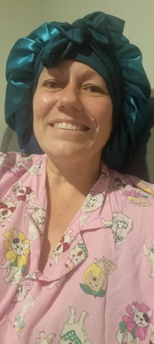 Customer photo review of SATIN SLEEP BONNET WITH ADJUSTABLE TIE