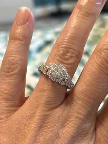 Customer photo review of Vintage Halo Round Moissanite Split Shank Pave Engagement Ring