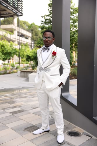 Customer photo review of Men's 3-Piece Shawl Lapel Floral Jacquard White Tuxedo