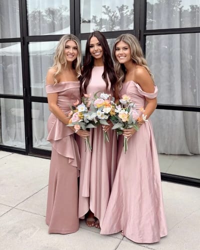Customer photo review of Sexy Off Shoulder Side Slit Long Soft Satin Mermaid Bridesmaid Dresses Online