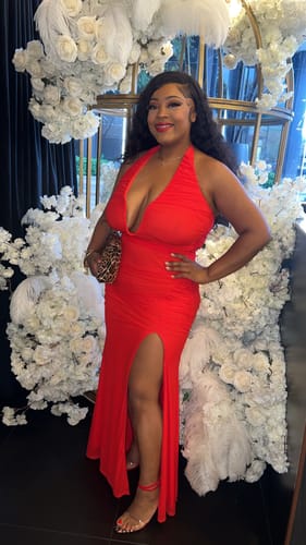 Customer photo review of Yoona Mesh Mermaid Halter Maxi Dress