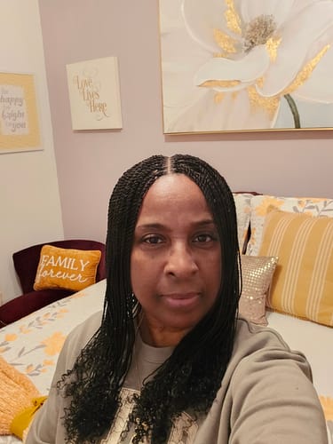 Customer photo review of Senegalese Mini Twist Braided Wig 14" Full Hand-tied HD Lace With Curly Ends - Human Baby Hair