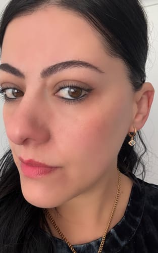 Customer photo review of TURQUOISE EVIL EYE HOOPS