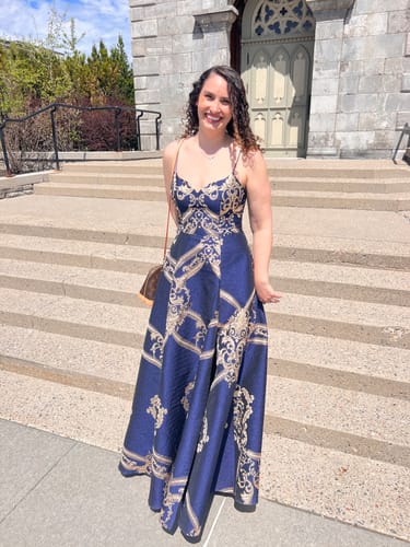 Customer photo review of Edwina Jacquard Gown by Bariano - RENTAL