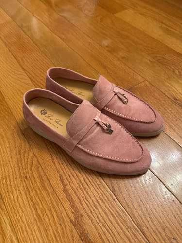Customer photo review of Loro Piana Pink Suede Summer Charms Walk Loafers