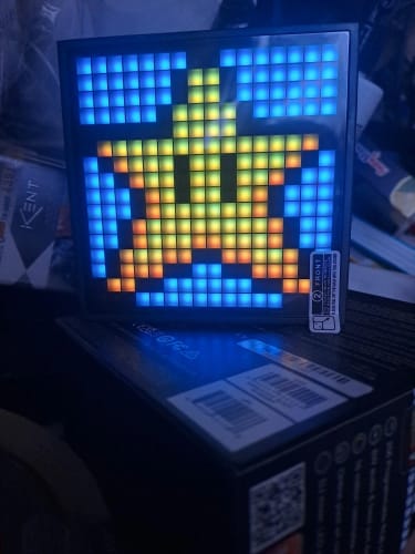 Customer photo review of Divoom TimeBox Evo -- Pixel Art Bluetooth Speaker with 16x16 LED DIY Display Gaming Desktop Setup