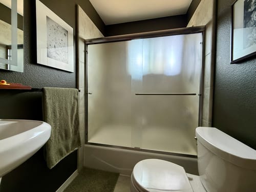 Customer photo review of SUNNY SHOWER 60" x 57.4" Bathtub Shower Door & Double Sliding Frosted Door for tub, Chrome Finish / Brushed Nickel Finish