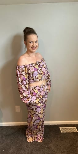 Customer photo review of Retro Floral Off-Shoulder Crop Top & Wide Leg Pants Two-Piece Set