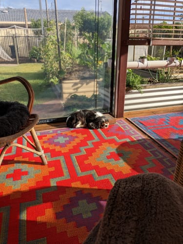 Customer photo review of Lhasa Orange And Violet Moroccan Recycled Plastic Outdoor Rug