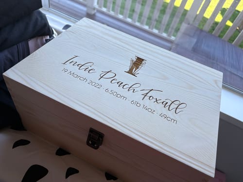Customer photo review of Floral Monogram with birth details Engraved Pine Box
